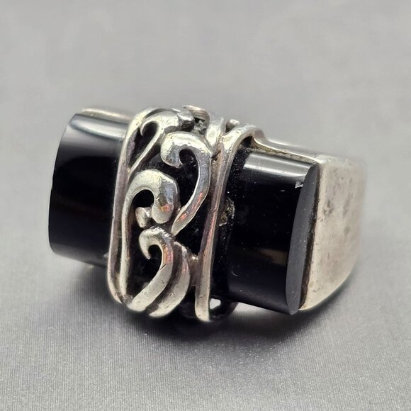 Sterling Silver 925 Black Onyx Statement Ring Size 8 Filigree Accent 8.68g - Picture 1 of 11